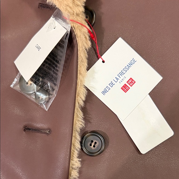 Uniqlo x Ines De La Fressange Brown Faux-Leather Coat with Cream Sherpa Collar - Picture 3 of 8